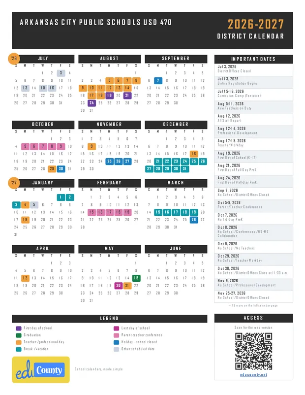 Arkansas City Public Schools USD 470 printable 2026-27 calendar
