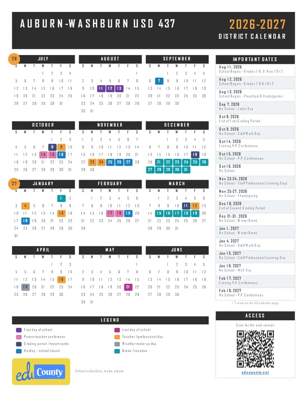 Auburn-Washburn USD 437 printable 2026-27 calendar