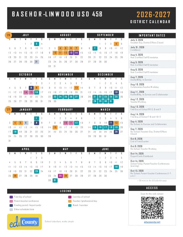 Basehor-Linwood USD 458 printable 2026-27 calendar