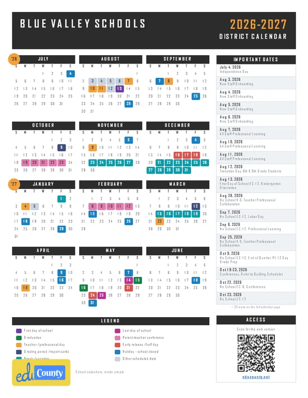 Blue Valley Schools printable 2026-27 calendar