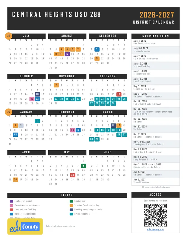 CENTRAL HEIGHTS USD 288 printable 2026-27 calendar