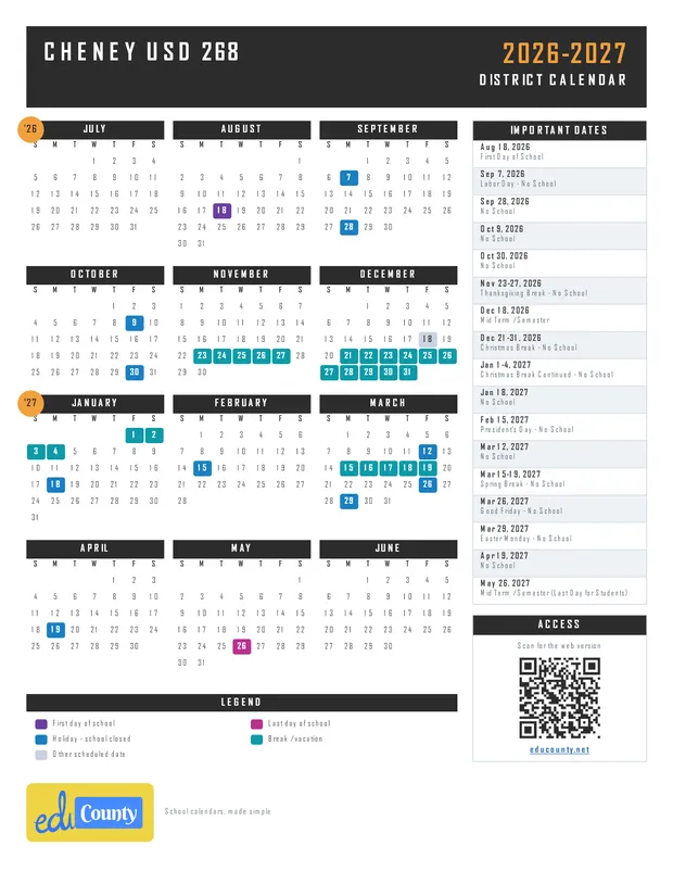 Cheney USD 268 printable 2026-27 calendar