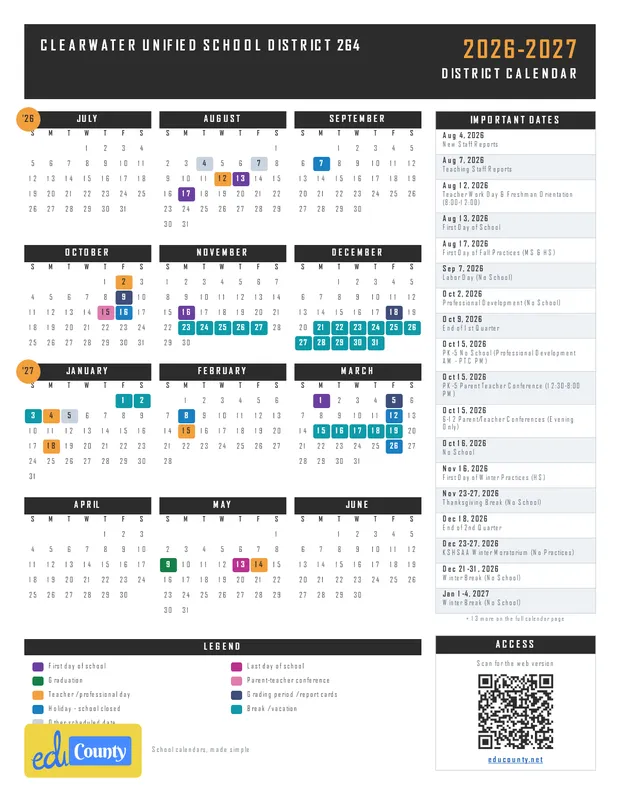 Clearwater Unified School District 264 printable 2026-27 calendar