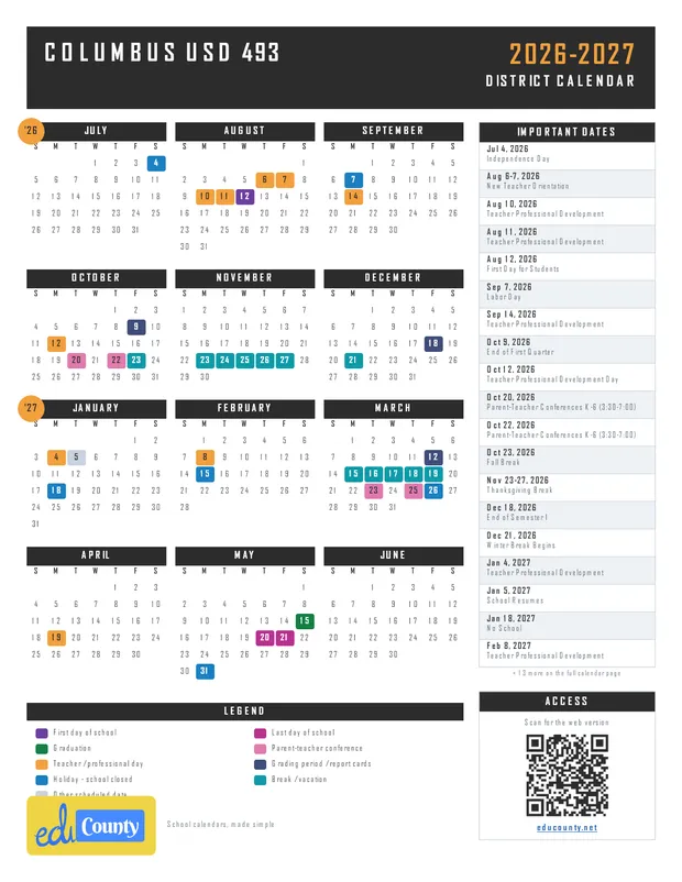 Columbus USD 493 printable 2026-27 calendar