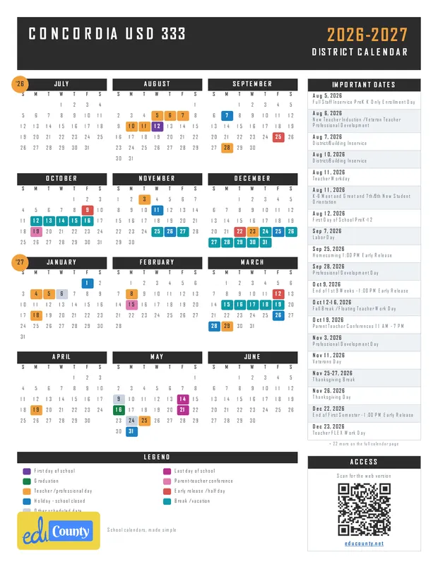 Concordia USD 333 printable 2026-27 calendar