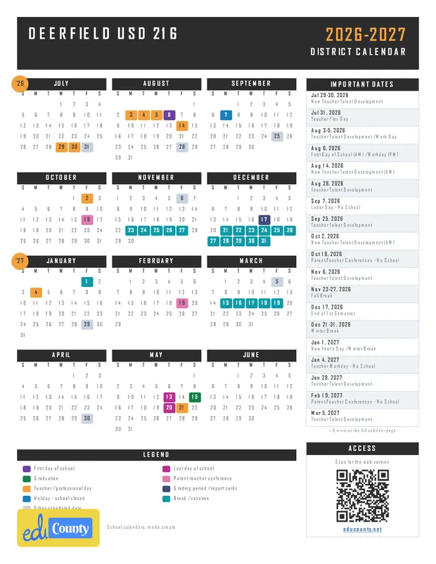 Deerfield USD 216 printable 2026-27 calendar