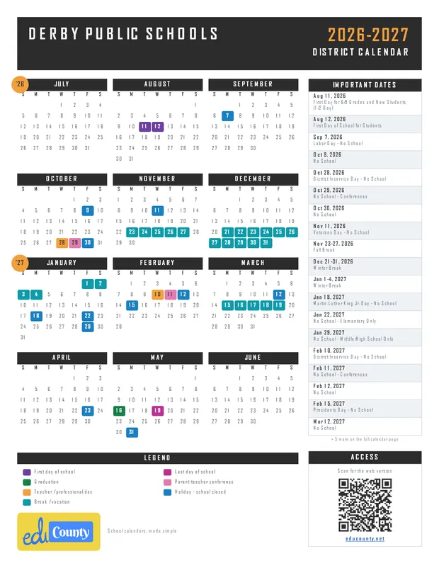 Derby Public Schools printable 2026-27 calendar