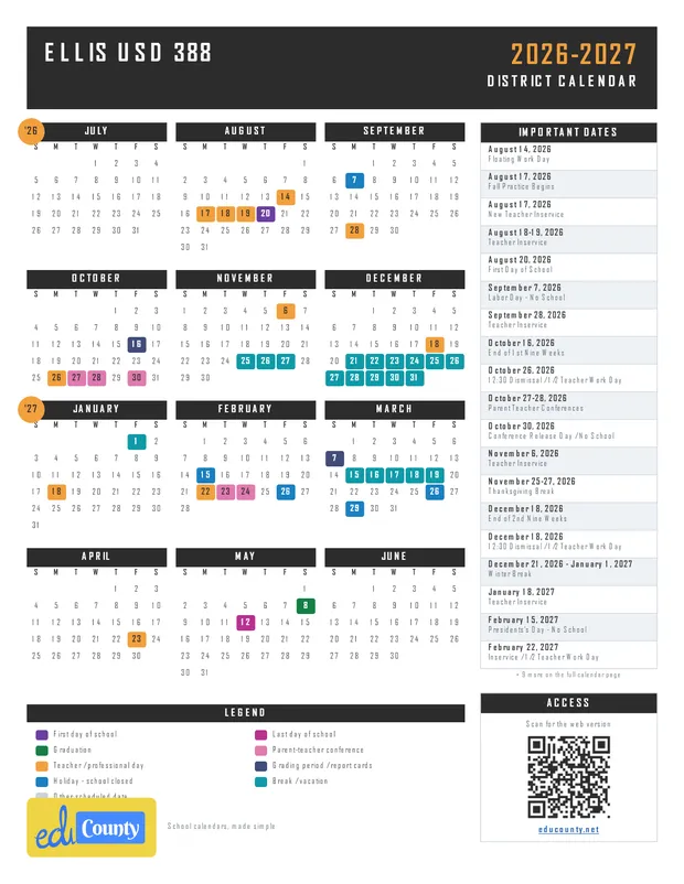 Ellis USD 388 printable 2026-27 calendar