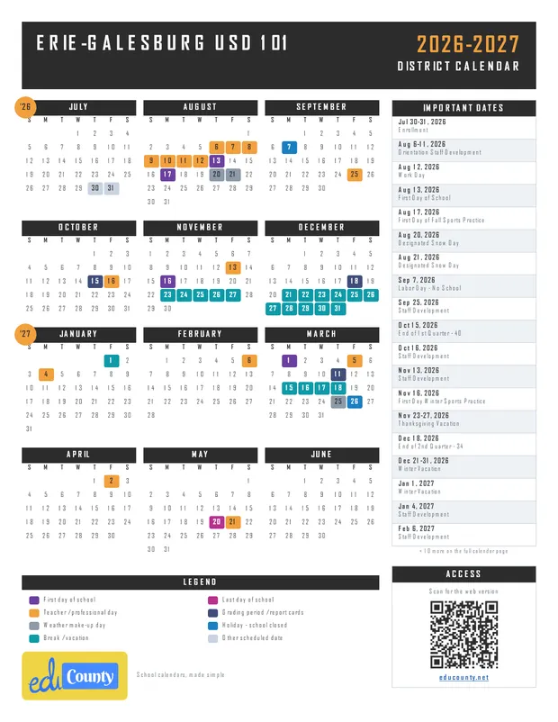 Erie-Galesburg USD 101 printable 2026-27 calendar