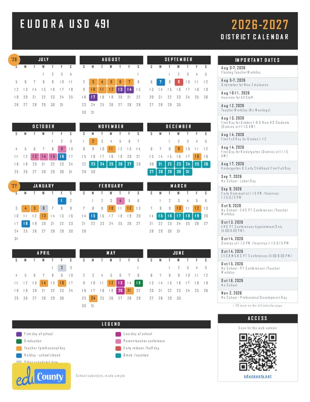 Eudora USD 491 printable 2026-27 calendar