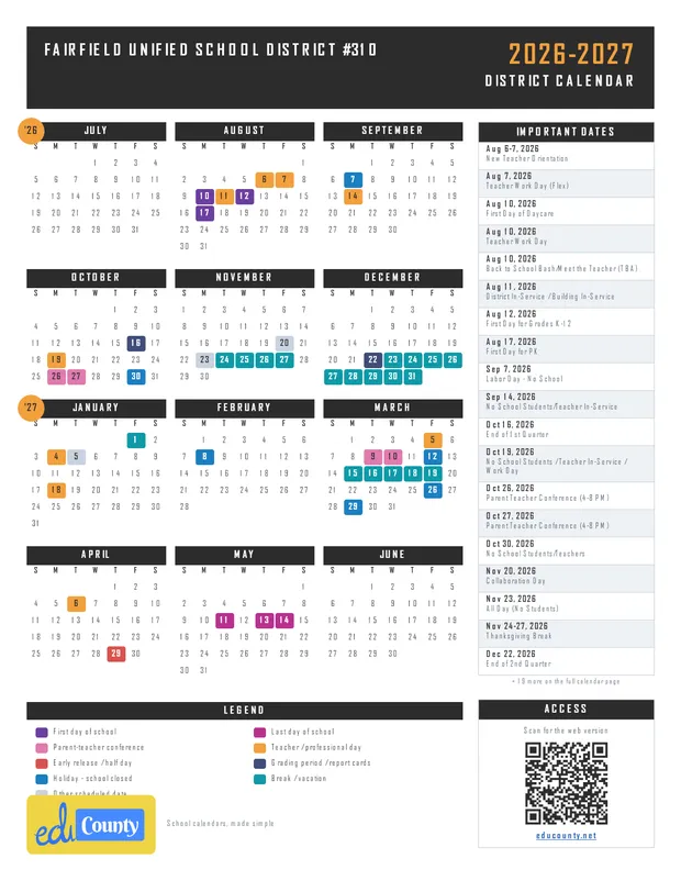 Fairfield Unified School District #310 printable 2026-27 calendar