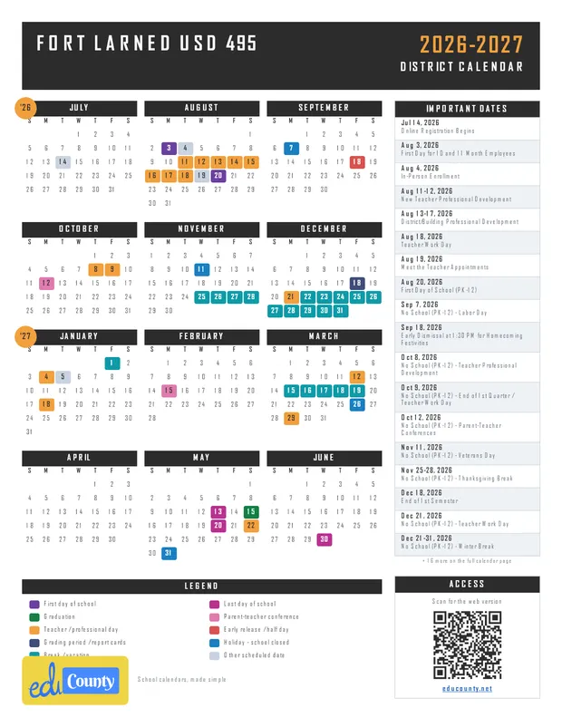 Fort Larned USD 495 printable 2026-27 calendar