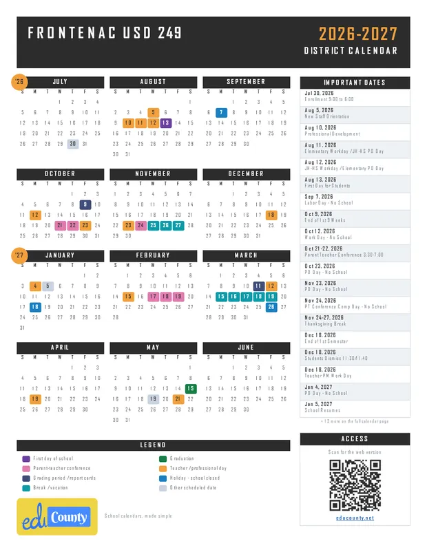 Frontenac USD 249 printable 2026-27 calendar