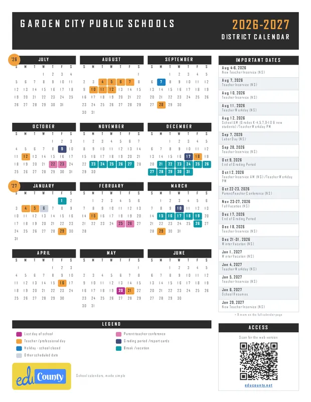 Garden City Public Schools printable 2026-27 calendar
