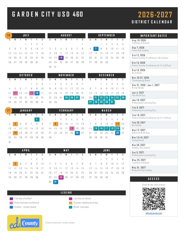 Garden City USD 460 printable 2026-27 calendar