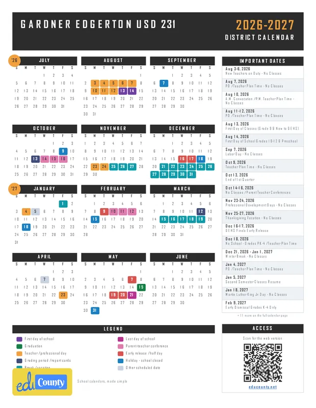 Gardner Edgerton USD 231 printable 2026-27 calendar