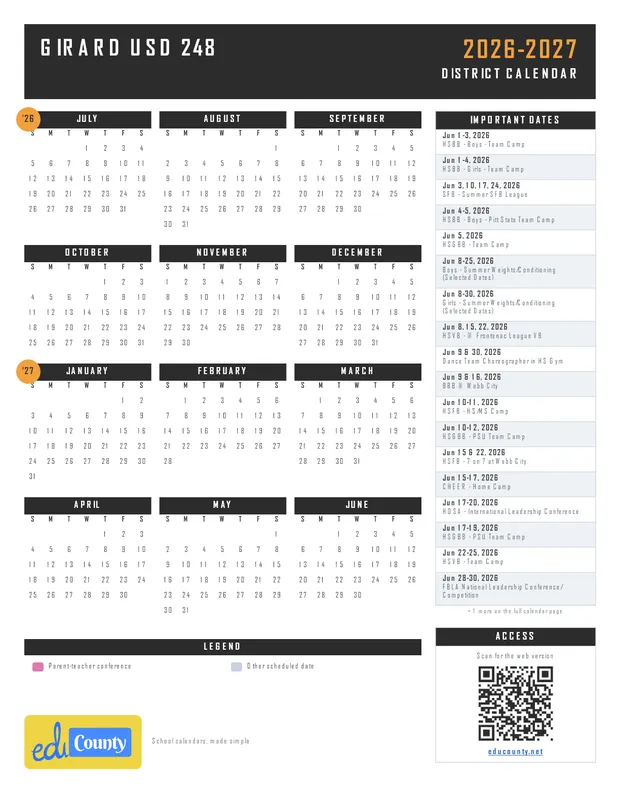 Girard USD 248 25-26 printable 2026-27 calendar