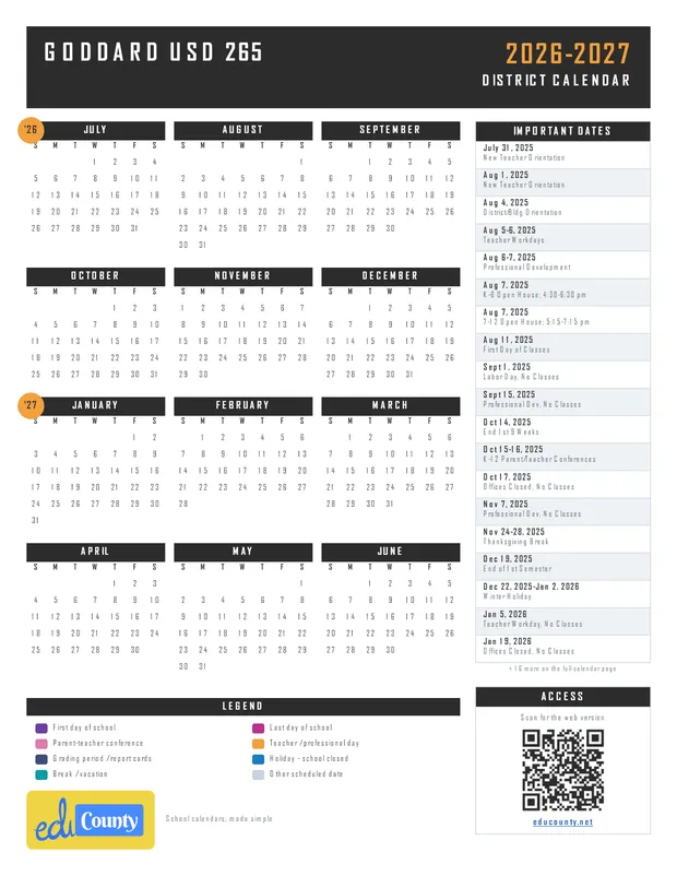 Goddard USD 265 printable 2026-27 calendar