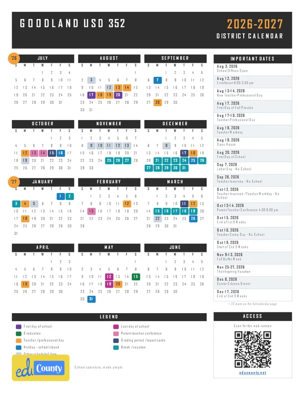 GOODLAND USD 352 printable 2026-27 calendar
