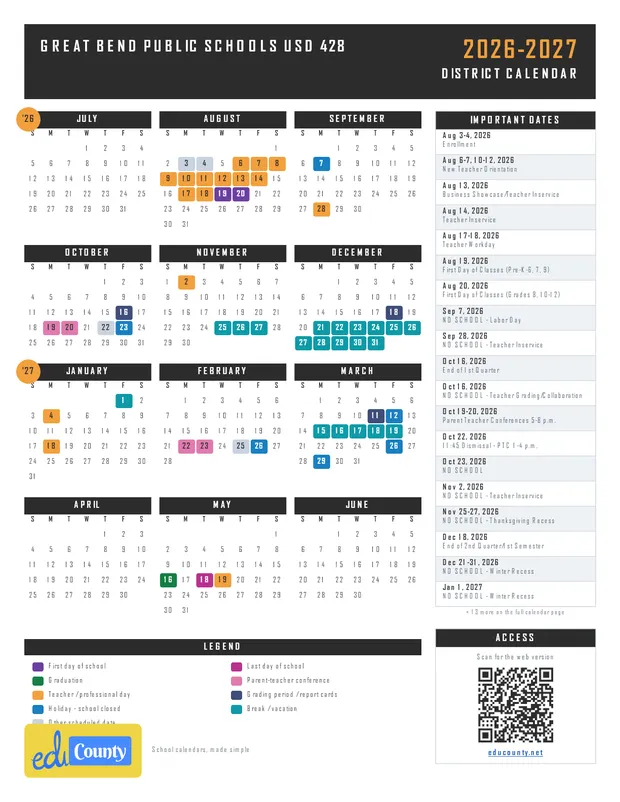 Great Bend Public Schools USD 428 printable 2026-27 calendar