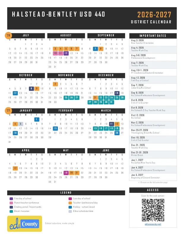 Halstead-Bentley USD 440 printable 2026-27 calendar