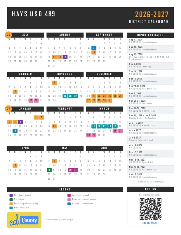 HAYS USD 489 printable 2026-27 calendar