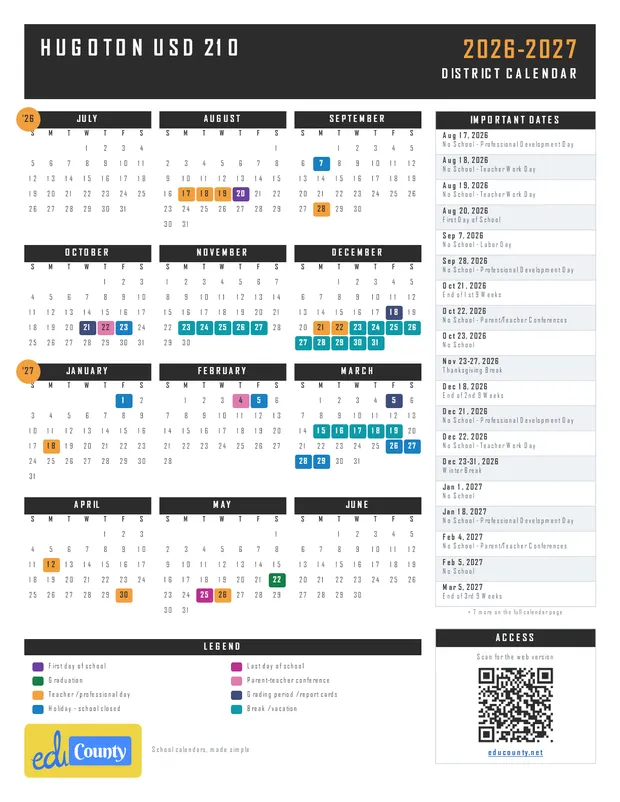 Hugoton USD 210 printable 2026-27 calendar