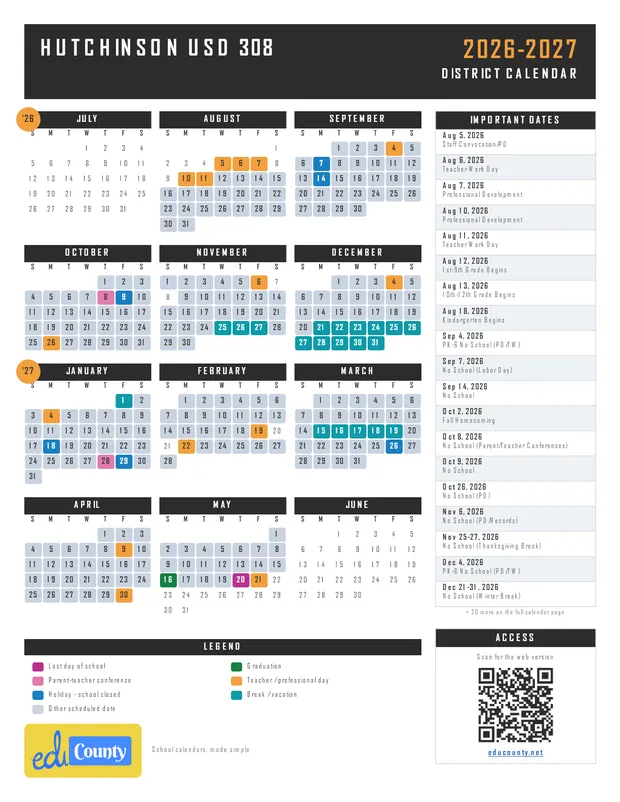 Hutchinson USD 308 printable 2026-27 calendar