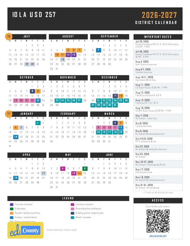 Iola USD 257 printable 2026-27 calendar