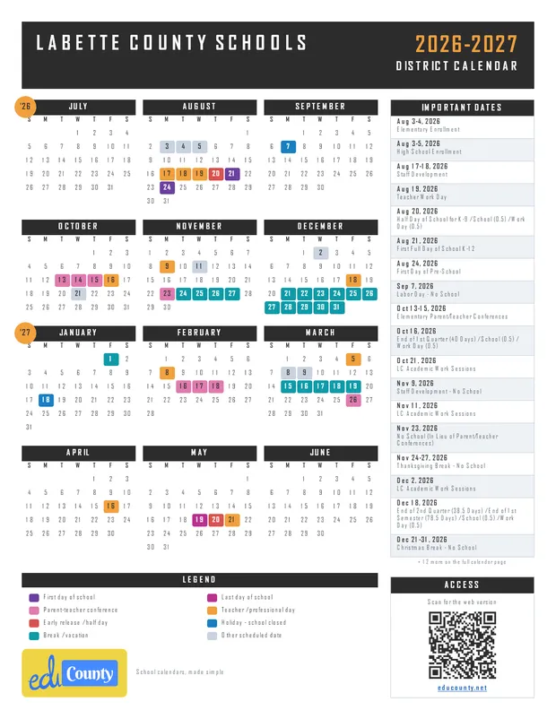 Labette County Schools printable 2026-27 calendar