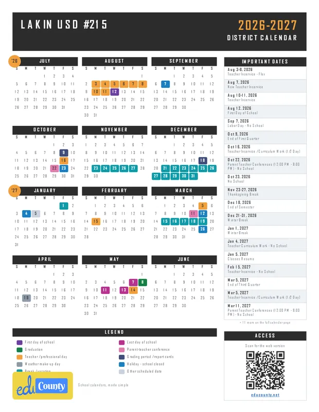 LAKIN USD #215 printable 2026-27 calendar