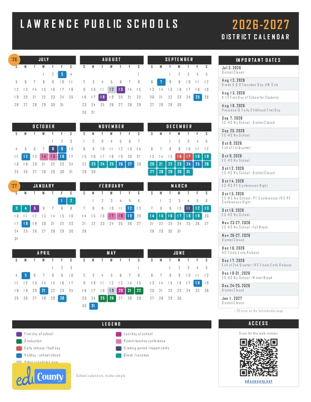 Lawrence Public Schools printable 2026-27 calendar