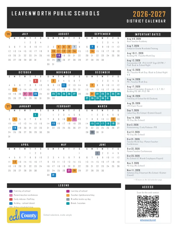Leavenworth Public Schools printable 2026-27 calendar