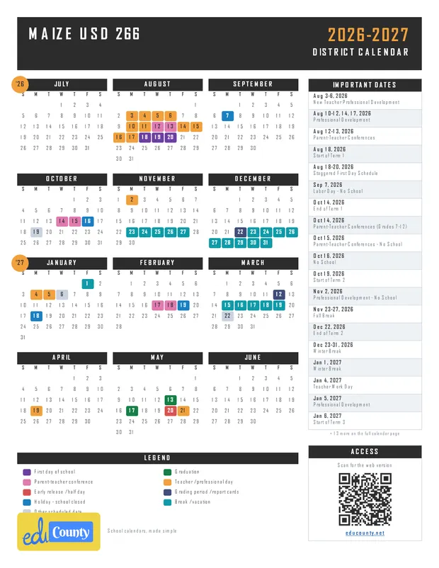 Maize USD 266 printable 2026-27 calendar