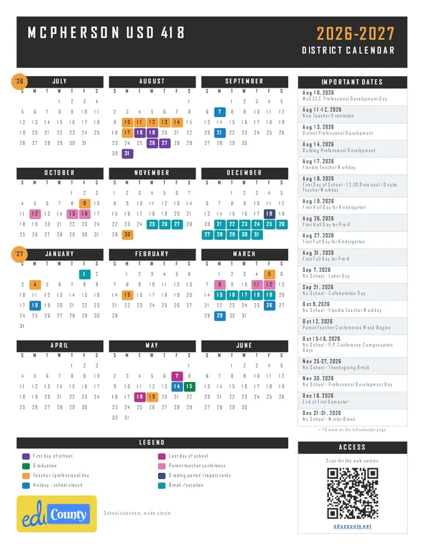 McPherson USD 418 printable 2026-27 calendar