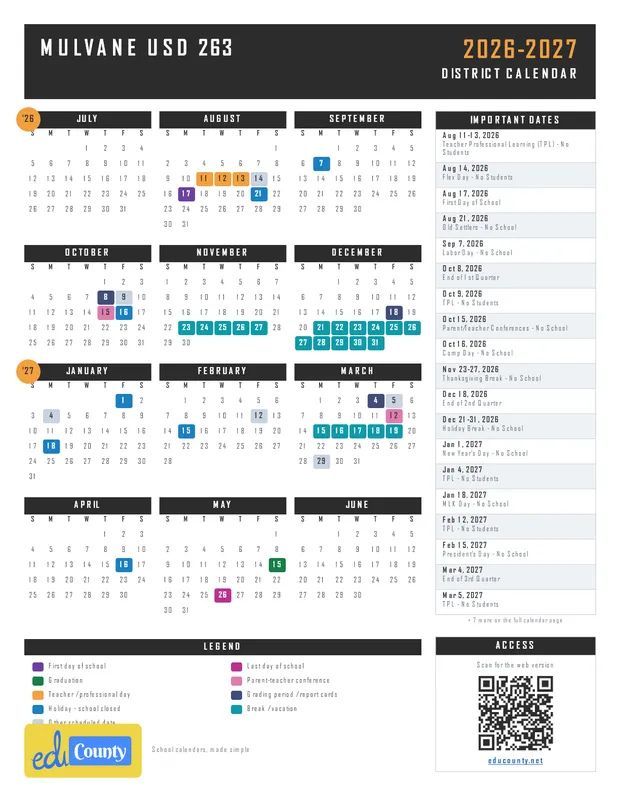 Mulvane USD 263 printable 2026-27 calendar