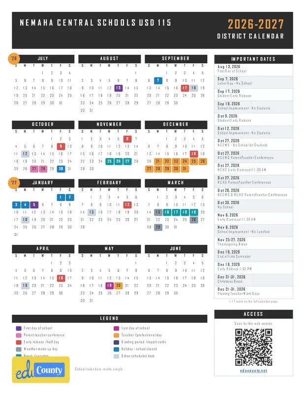 Nemaha Central Schools USD 115 printable 2026-27 calendar