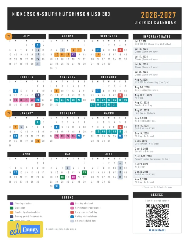 Nickerson-South Hutchinson USD 309 printable 2026-27 calendar