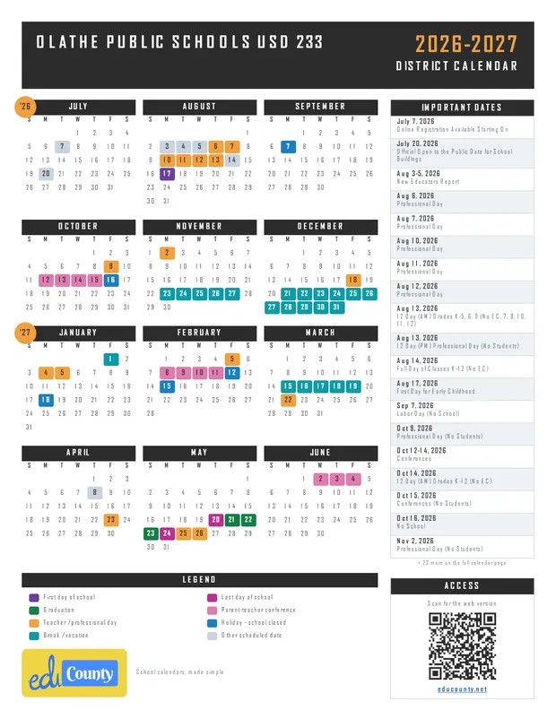 Olathe Public Schools USD 233 printable 2026-27 calendar