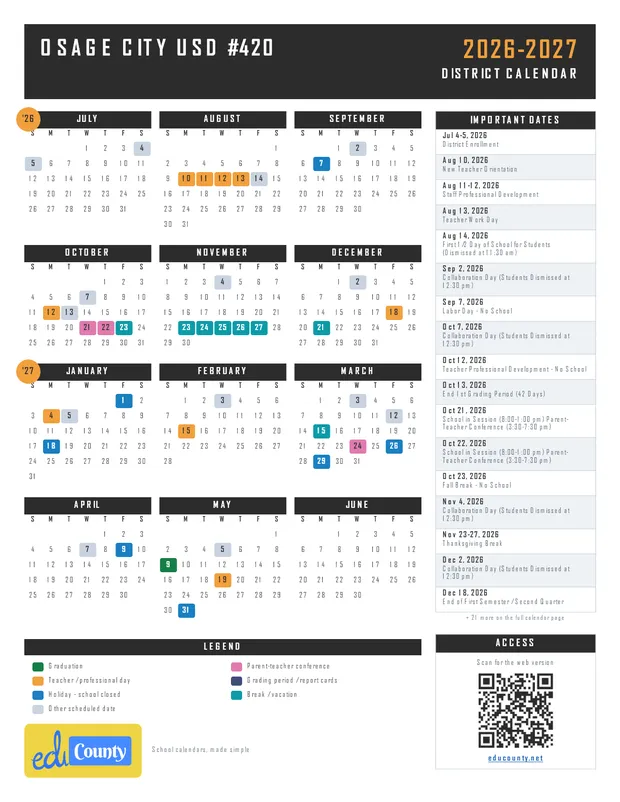 Osage City USD #420 printable 2026-27 calendar