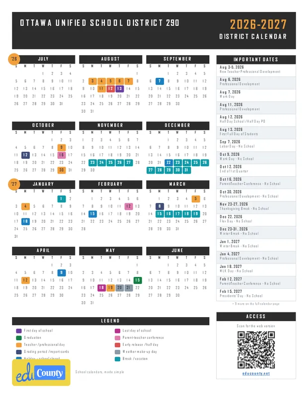 Ottawa Unified School District 290 printable 2026-27 calendar