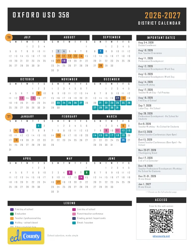 OXFORD USD 358 printable 2026-27 calendar