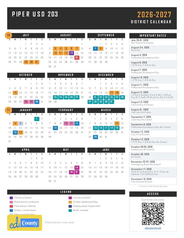 Piper USD 203 printable 2026-27 calendar