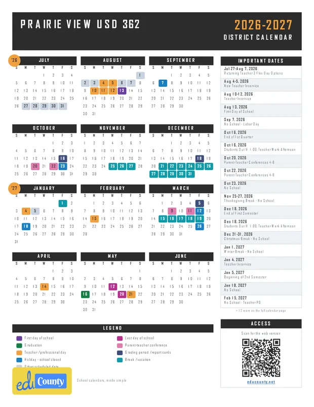 Prairie View USD 362 printable 2026-27 calendar