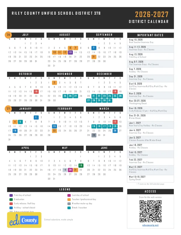 Riley County Unified School District 378 printable 2026-27 calendar