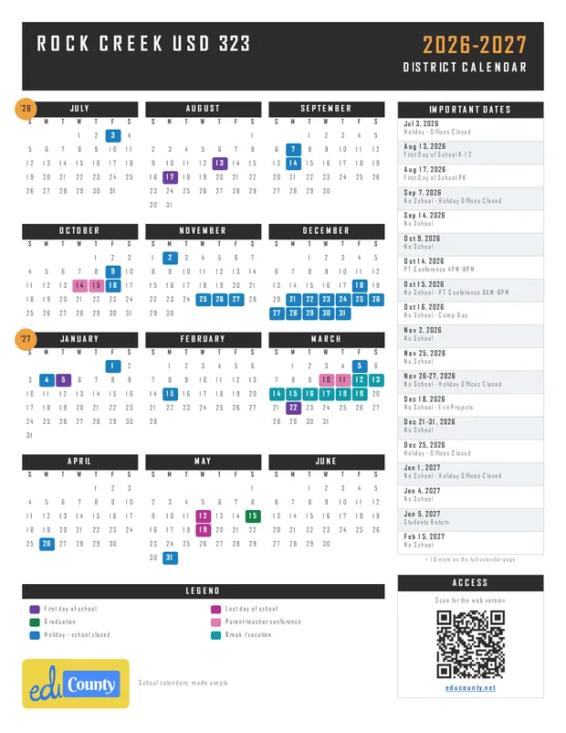 Rock Creek USD 323 printable 2026-27 calendar