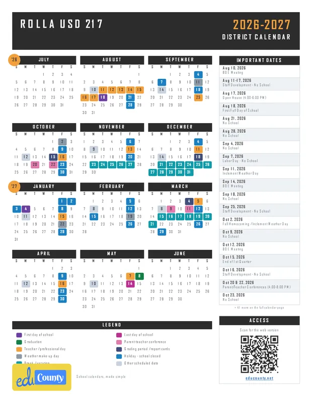 Rolla USD 217 printable 2026-27 calendar