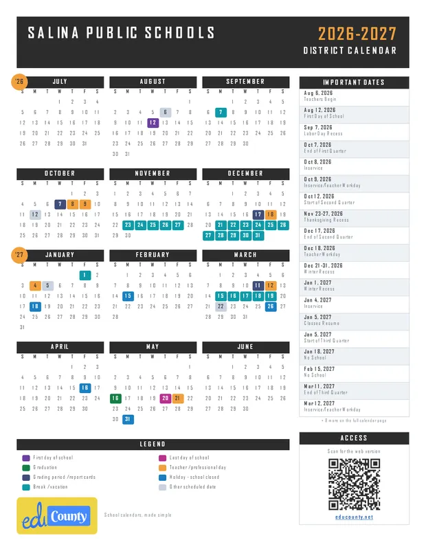 Salina Public Schools printable 2026-27 calendar