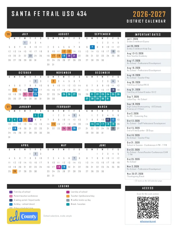 Santa Fe Trail USD 434 printable 2026-27 calendar