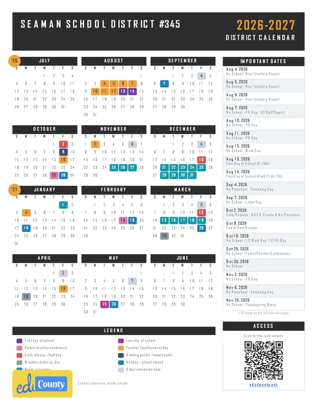 Seaman School District #345 printable 2026-27 calendar